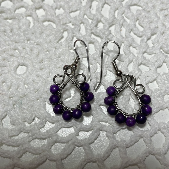 Hand crafted purple beaded silver tone earrings - Picture 2 of 2